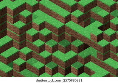 An isometric vector illustration of pixelated cubes forming a mosaic-style landscape with green grass and brown earth tones. Perfect as a wallpaper, game design element