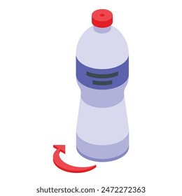 Ilustración vectorial isométrica de una botella de plástico con una flecha roja de reciclaje