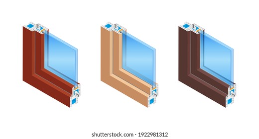 Isometric vector illustration plastic window frame profile isolated on white background. Cross-section diagram of a double glazed window pane PVC profile in flat cartoon style. Structure corner window