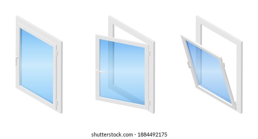 Isometrische Vektorgrafik-Plastikfenster einzeln auf weißem Hintergrund. Isometrisches Vektordiagramm, das ein Fenster in drei verschiedenen Positionen zeigt: geschlossen, gekippt offen und geschwungen vollständig offen.