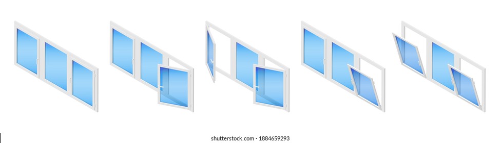 Isometric vector illustration plastic windows isolated on white background. Isometric vector diagram showing a casement window in three different positions: closed, tilted open and swung fully open.