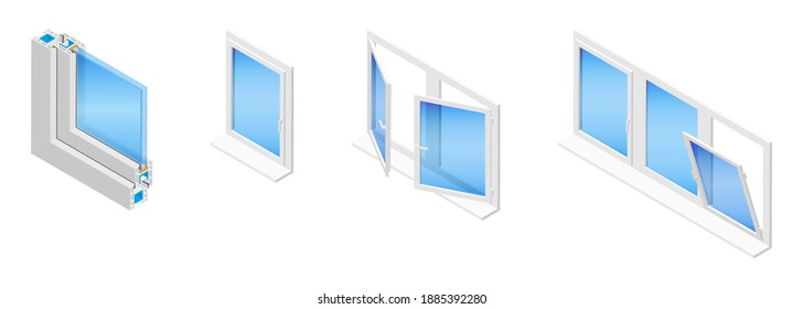 Isometrische Vektorgrafik-Plastikfenster einzeln auf weißem Hintergrund. Verfallsfenster in verschiedenen Positionen: geschlossen, gekippt offen und geschwungen vollständig offen. PVC-Profil mit Doppelverglasung.