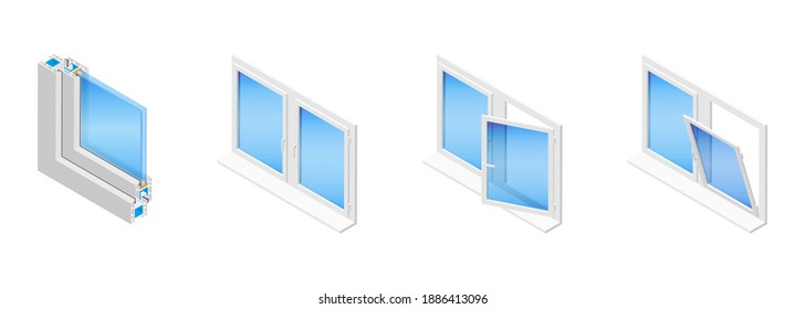 Isometric vector illustration plastic windows isolated on white background. Casement window in different positions: closed, tilted open and swung fully open. Double glazed window pane PVC profile.