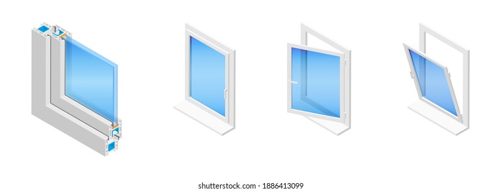 Isometric Vector Illustration Plastic Windows Isolated On White Background. Casement Window In Different Positions: Closed, Tilted Open And Swung Fully Open. Double Glazed Window Pane PVC Profile.