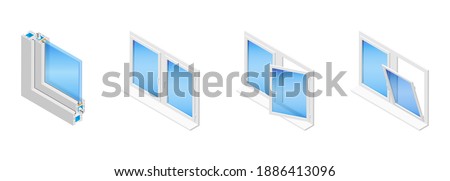 Isometric vector illustration plastic windows isolated on white background. Casement window in different positions: closed, tilted open and swung fully open. Double glazed window pane PVC profile.