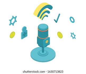 Isometric vector illustration for podcasting, broadcasting, streaming or online radio. Equipment for entertainment, recording the podcasts and streaming games and etc. People with giant mic.