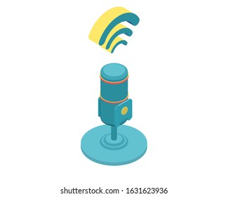 Isometric vector illustration for podcasting, broadcasting, straeming or online radio. Equipment for entertaiment, recording the podcasts and streaming games and etc. People with giant mic.