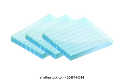 Isométrica ilustración vectorial panel de láminas de policarbonato aislado en fondo blanco. Icono de hoja de techo translúcido y realista. Panel de sándwich corrugado de plástico. Hoja multipared transparente.