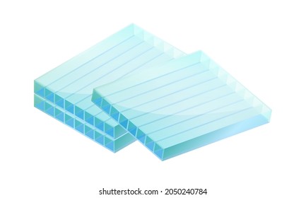 Isometric vector illustration polycarbonate plastic sheet panel isolated on white background. Realistic translucent roofing sheet icon. Plastic corrugated sandwich panel. Transparent multi wall sheet.