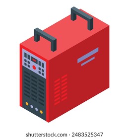 Isometric vector illustration of portable generator with red color on white background, showcasing a modern compact device for energizing in emergency situations