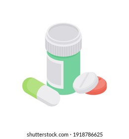 Isometric vector illustration of prescribed pills and tablets depicted near sealed jar with label as icon for drugs in hospital