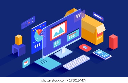 Isometric vector illustration presenting data analysis, management, internet searching and research. 3D cartoon computer with a lot of infographic elements, images and opened windows on screen.