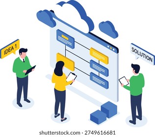 Isometric vector illustration of a professional business team analyzing data charts on a digital screen for strategic cloud solutions and creative ideas, cad drawing flat vector