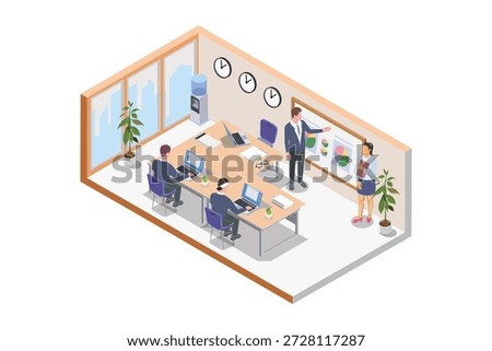 Isometric vector illustration of a professional business presentation. A businessman is explaining data analytics on a whiteboard with charts to his team. A businesswoman stands nearby holding a document folder, while other employees work on laptops at a communal desk. The office interior features multiple time zone clocks on the wall, a water dispenser, indoor plants, and large windows. Ideal for concepts of teamwork, global business strategy, corporate training, and office collaboration.