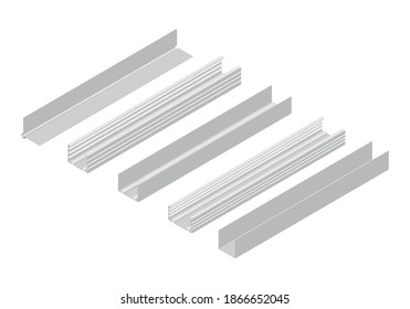 Isometric vector illustration of profiles for plasterboard isolated on white background. Different types of steel profiles vector icons. Cartoon isometric profiles for plasterboard. Building materials