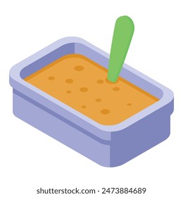 Isometric vector illustration of a purple cat litter box with a green scoop and litter