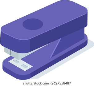 Ilustração vetorial isométrica de grampeador roxo em pé sobre fundo branco, útil para trabalho de escritório e representando papéis de carta e documentos de ligação