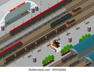 Isometric vector illustration, railway station, trains, wagon, transport elements, urban infrastructure