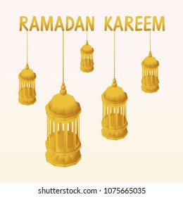 Isometric vector illustration of Ramadan Kareem design background with islamic crescent and arabic lantern. Low poly Isolated illustration for greeting card, poster and banner