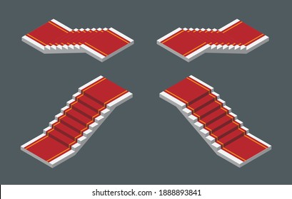 Isometric vector illustration realistic modern white staircases with red carpet isolated on dark background. Set of steps or stairs in different positions vector icons in 3d flat cartoon style.