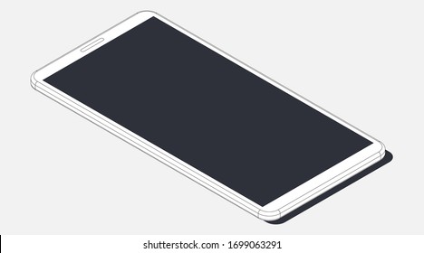 Isometric vector illustration. Realistic white outline smartphone. 3d model of phone isolated on a gray background.
