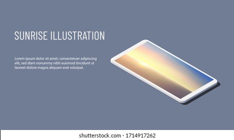 Isometric vector illustration. Realistic white smartphone with aerial panoramic view of sunrise over ocean. 3d model of phone