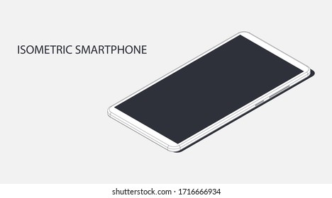  Isométrica ilustración vectorial. Teléfono inteligente de esquema blanco realista. 3d modelo de teléfono aislado en un fondo gris.