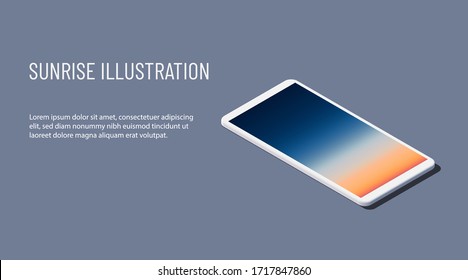 Isometric vector illustration. Realistic white smartphone with aerial panoramic view of sunrise over ocean. 3d model of phone