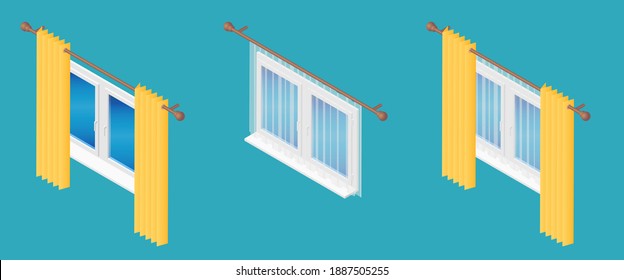 Isometric vector illustration realistic window decorated with transparent tulle and hanging curtains isolated on blue background. Set of various window treatments vector icons in flat cartoon style.