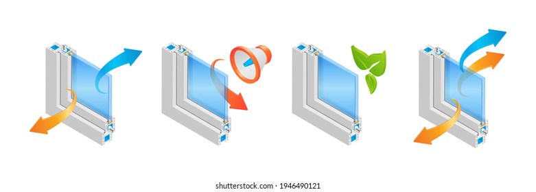 Isometric Vector Illustration Recycling, Noise Reducing And Thermal Insulation Plastic Window Frame Profile Isolated On White Background. Cross-section Diagram Of A Double Glazed Window Pane Profile.