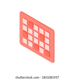Isometric vector illustration of a red colored calendar with marked days isolated on white background showing concept of scheduling meetings and making appointments
