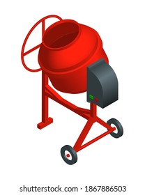 Isometric vector illustration red concrete mixer isolated on white background. Cement mixer with black control box realistic vector icon for web. Cartoon isometric pouring cement. Building equipment.