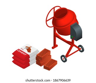 Isometric vector illustration red concrete mixer, bricks and cement bags isolated on white background. Cement mixer realistic vector icon for web. Cartoon isometric pouring cement. Building equipment.