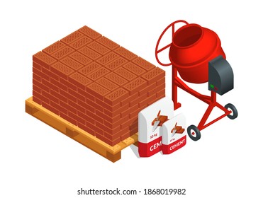 Isometric vector illustration red concrete mixer, bricks and cement bags isolated on white background. Cement mixer realistic vector icon for web. Cartoon isometric pouring cement. Building equipment.