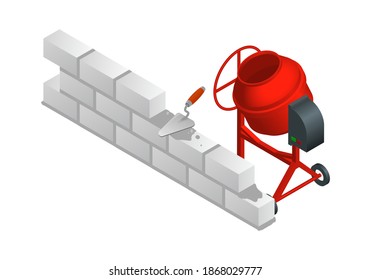 Isometric vector illustration red concrete mixer, trowel and new grey brick wall isolated on white background. Cement mixer realistic vector icon for web. Cartoon pouring cement. Building equipment.