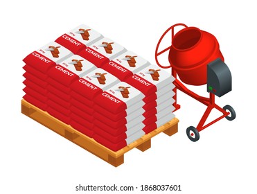 Isometric vector illustration red concrete mixer and cement bags isolated on white background. Cement mixer realistic vector icon for web. Cartoon isometric pouring cement. Building equipment.