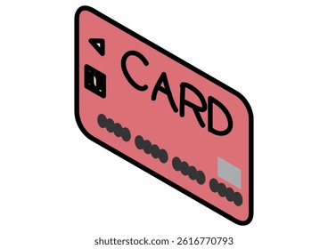 Isometric vector illustration of a red credit card highlighting chip and magnetic stripe for cashless payments.