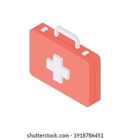 Isometric vectorial ilustración de la caja médica roja con cruz blanca para medicamentos y herramientas diseñadas como ícono para hospitales y clínicas