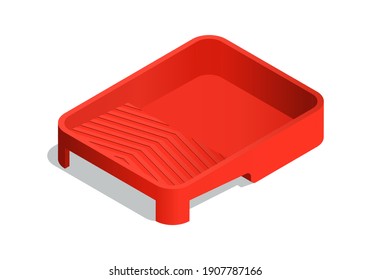 Isometric vector illustration red plastic paint tray with ribbed roll off area isolated on white background. Realistic paint tray icon in flat cartoon style. Tool for painting and renovation.