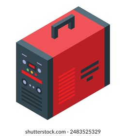 Isometric vector illustration of a red portable generator, a compact and handy power source for emergency supply, with a durable fuel engine, isolated icon, and modern technology design
