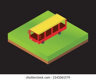 An isometric vector illustration of a red and yellow bus with an open top, typically used for sightseeing tours. The vehicle is positioned on a patch of green ground, isolated on a black background