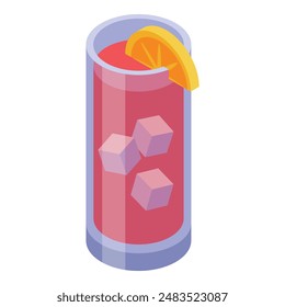 Isometric vector illustration of a refreshing cocktail with ice cubes and lemon garnish