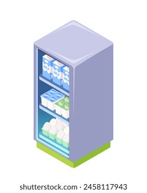 Ilustración vectorial isométrica de un refrigerador lleno de leche y huevos sobre un fondo blanco, que representa un concepto 3d de refrigeración