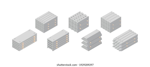 Isometric vectorial ilustración reforzó materiales de construcción de hormigón aislados sobre fondo blanco. Iconos de ferrocemento de construcción realista al estilo de dibujos planos. Material de construcción.