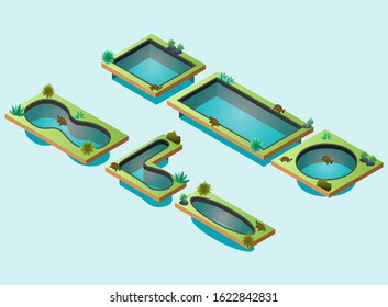 Isometric Vector Illustration Representing 6 Turtle Ponds with Various Shapes