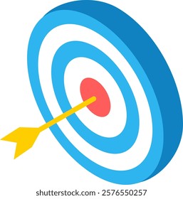 Isometric vector illustration representing achieving business objective, hitting the center of target with yellow arrow, perfect performance and business success