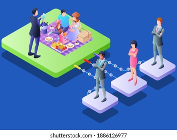Isometric Vector Illustration Representing Activity of a Financial Planning Team for a Family and Showing How They are Helping