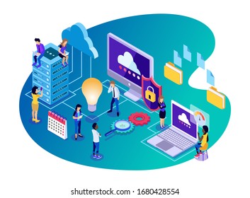 Isomtric Vector Illustration Representa la tecnología de almacenamiento de grandes datos como motores de búsqueda, servidores, cloud, seguridad, carpetas de archivos y servidores