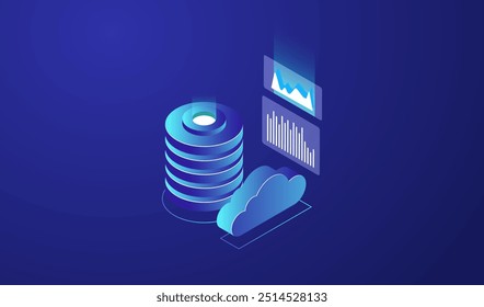 Isometric vector illustration representing big data flow processing, featuring cloud database elements, web hosting, and server room icons in ultraviolet tones.