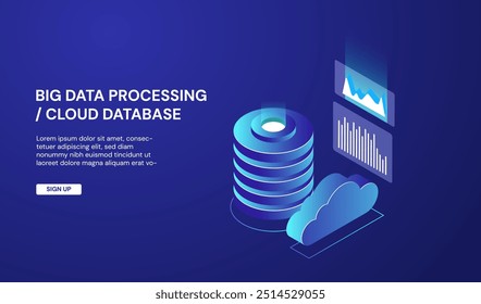 Isometric vector illustration representing big data flow processing, featuring cloud database elements, web hosting, and server room icons in ultraviolet tones.